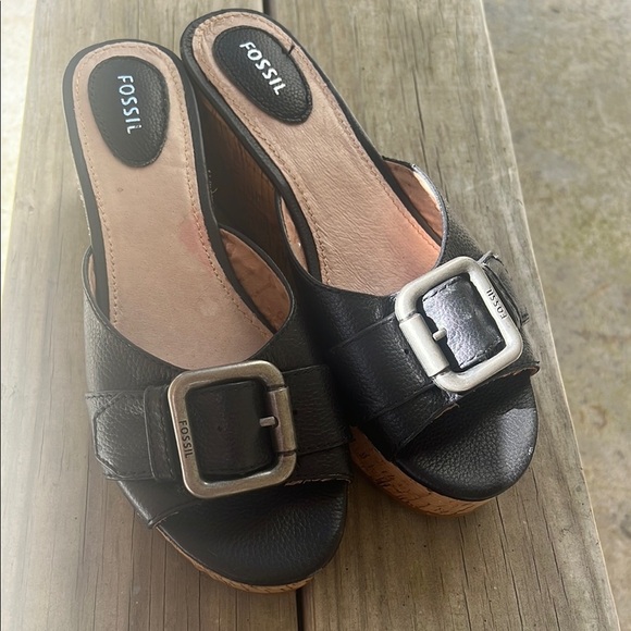 Fossil Black Cork Wedge Platform Sandals Size 9.5 Leather Buckle Slide Shoes - Picture 2 of 10
